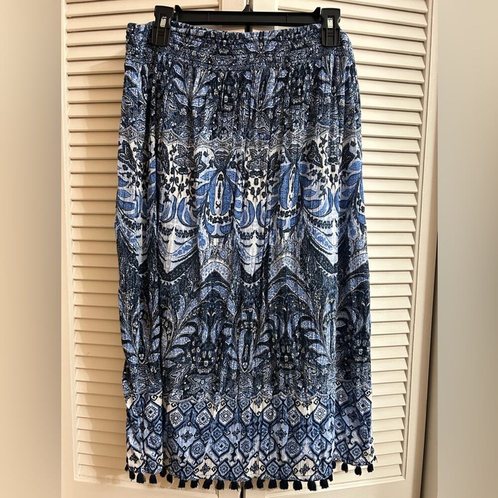 J. Jill Gauzy Boho Tufted Tassel Blue Navy Maxi Skirt Women’s Petite Medium